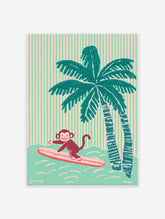 Illustrative print of a surfing monkey on a pink surfboard with teal palm trees and a striped pink and green background.