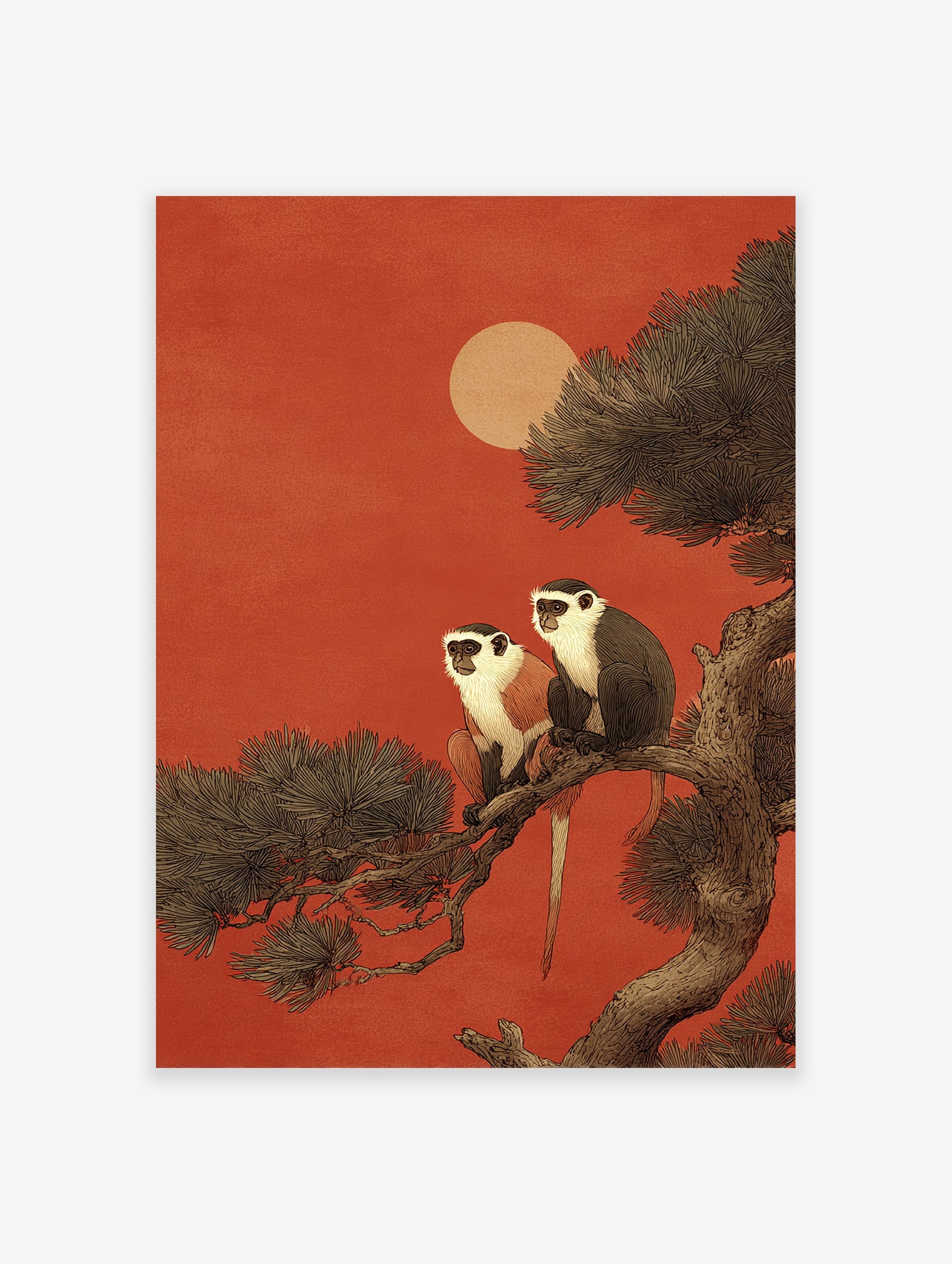 Illustration of two monkeys with white faces and chests sitting on a tree branch against a deep red sky with a pale sun.