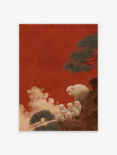 Monkey Wall Art print depicting a family of white Japanese macaques on a brown rock with pine trees against a red sky.
