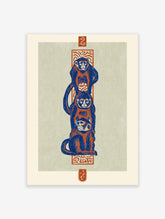 Blue and orange monkeys stacked vertically on a red patterned column with Japanese seals on pale green background