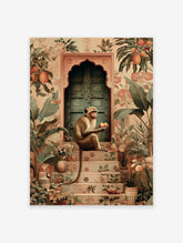 Poster of a monkey holding oranges, sitting on patterned steps in front of a teal door, surrounded by tropical plants.
