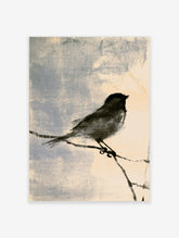 Monochrome bird silhouette perched on a branch against a textured blue and cream background art print