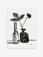 Monochrome line art poster of two bottles with a leafy stem and a single flower on white background