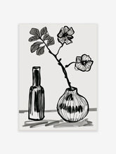 Monochrome flower vase wall art print with tall bottle and round vase holding a single stem