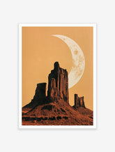 Monument Valley mesa landscape print with a large crescent moon in orange tones, illustrative desert wall art style