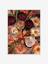 Moody watercolour floral wall art with deep burgundy and peach roses and rust-coloured leaves on a dark background
