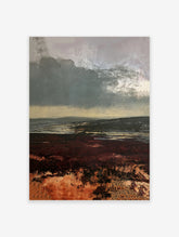 Moody moorland landscape painting with dark sky and deep red heather foreground, atmospheric nature wall art print