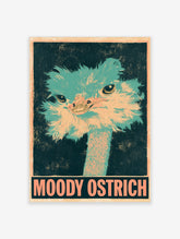 Moody Ostrich poster with teal and peach bird portrait and bold typography on dark teal background