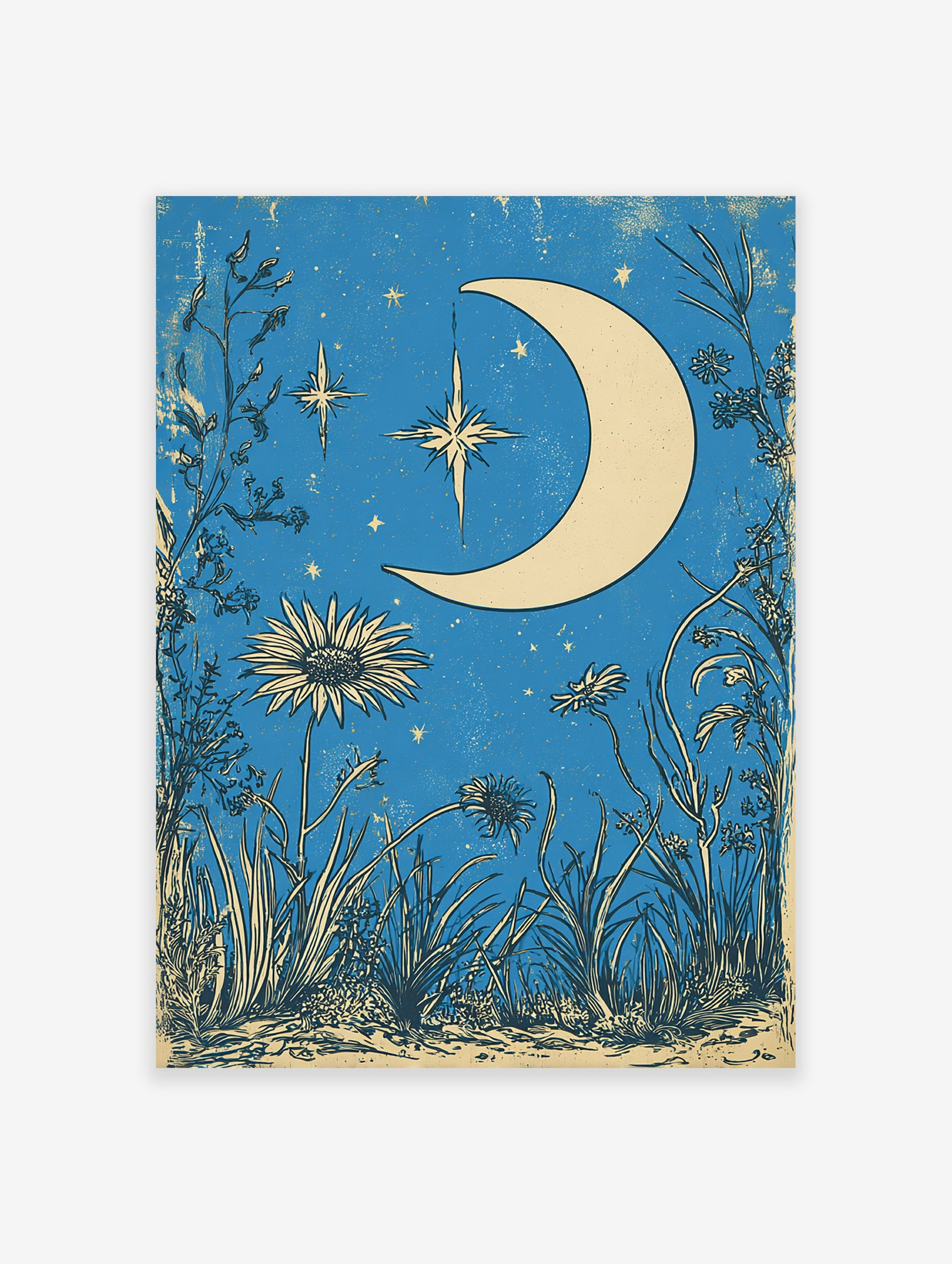 Vintage style poster with a crescent moon and stars in a blue night sky, surrounded by botanical wildflowers and grasses.