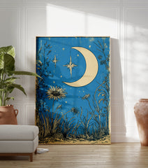 Vintage style poster with a crescent moon and stars in a blue night sky, surrounded by botanical wildflowers and grasses. - Image 3