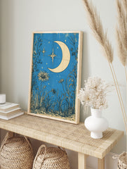 Vintage style poster with a crescent moon and stars in a blue night sky, surrounded by botanical wildflowers and grasses. - Image 4