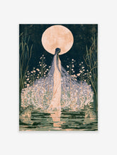 Moon goddess art print with robed figure, two wolves, full moon and navy sky