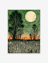 Linocut style moonlit field print with dark green sky, orange horizon, silhouetted trees, and tall grass
