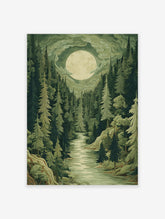 Moonlit forest poster with a winding river through tall green trees and a large full moon in a cloudy sky illustration.