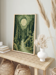 Moonlit forest poster with a winding river through tall green trees and a large full moon in a cloudy sky illustration. - Image 4