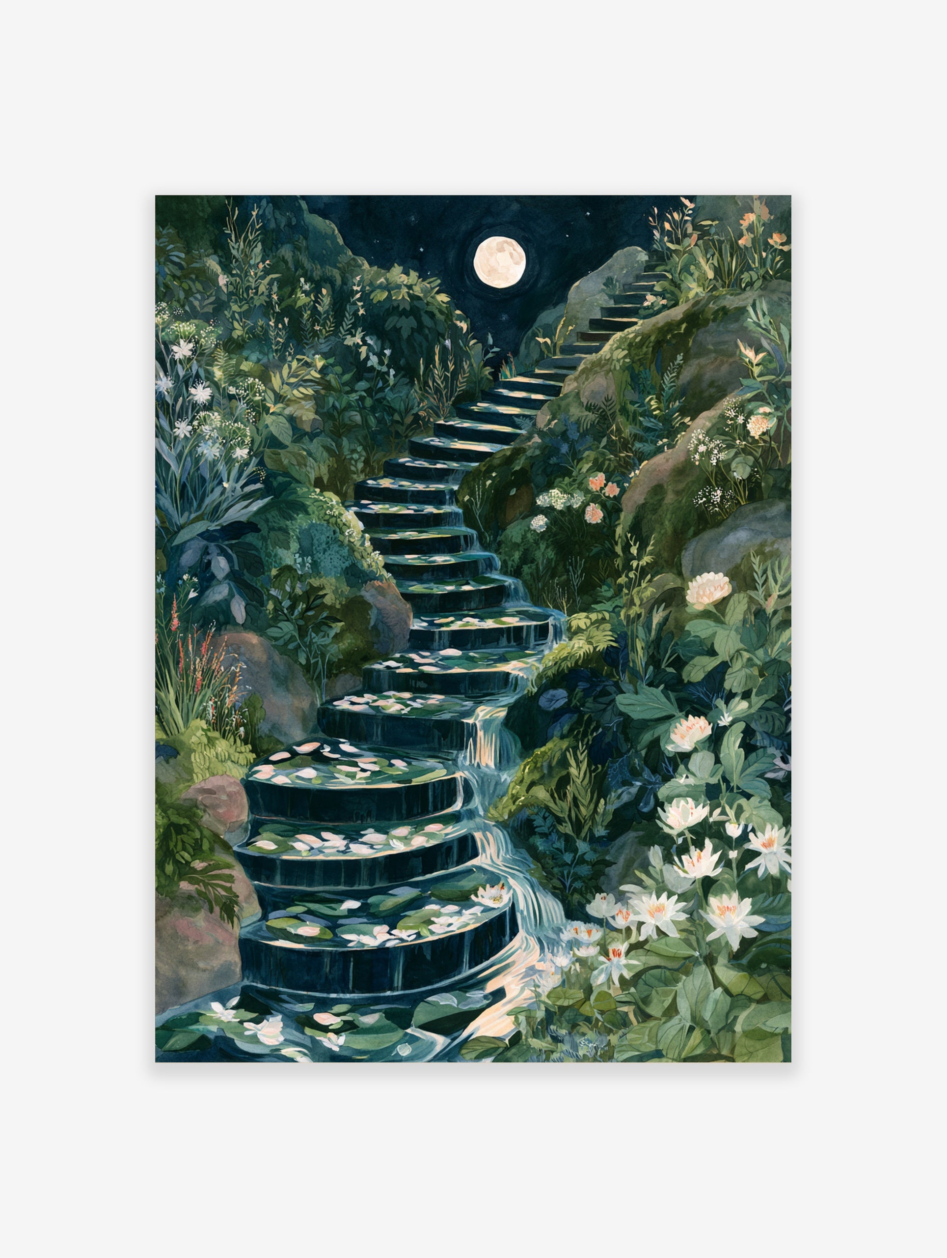 Illustrative art print of a moonlit stone staircase with a cascading waterfall and white flowers in a lush garden