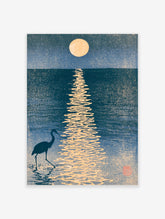 Moonlit heron poster with bird silhouette in water below a full moon and gold reflection