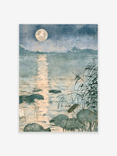 Moonlit lake poster with full moon, lotus leaves, reeds, and pavilion silhouette