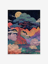 Moonlit landscape poster with a large pine tree, full moon, colorful mountains, water, and pink lotus flowers in East Asian art style.