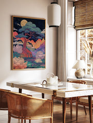 Moonlit landscape poster with a large pine tree, full moon, colorful mountains, water, and pink lotus flowers in East Asian art style. - Image 2