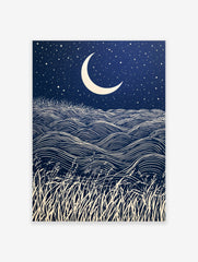 Crescent moon and starry night sky over rolling grass hills in a graphic, navy and cream illustrative style wall art print