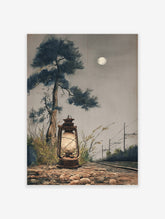Moonlit illustrative art print of a glowing lantern, tall pine tree, railway tracks, and full moon in a grey sky