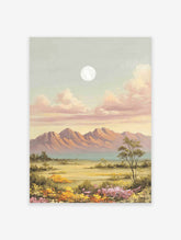 Moonlit mountain landscape painting with pink clouds, vibrant floral field, and a lone tree under a full moon.