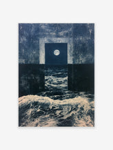 Surreal wall art print of a doorway opening onto a stormy, moonlit ocean with crashing waves and deep blue tones