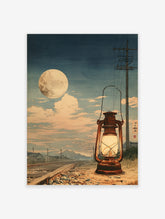 Japanese woodblock style art print of a glowing lantern on railway tracks under a large full moon at dusk