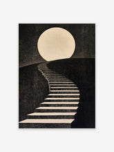 Surreal illustrative wall art print of a staircase leading towards a large full moon on a dark background