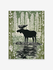 Moose silhouette standing in a forest lake with tall trees and birds in a green and white linocut style print