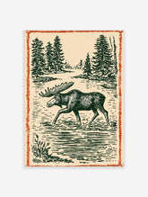 Vintage style moose walking through a forest lake illustration art print
