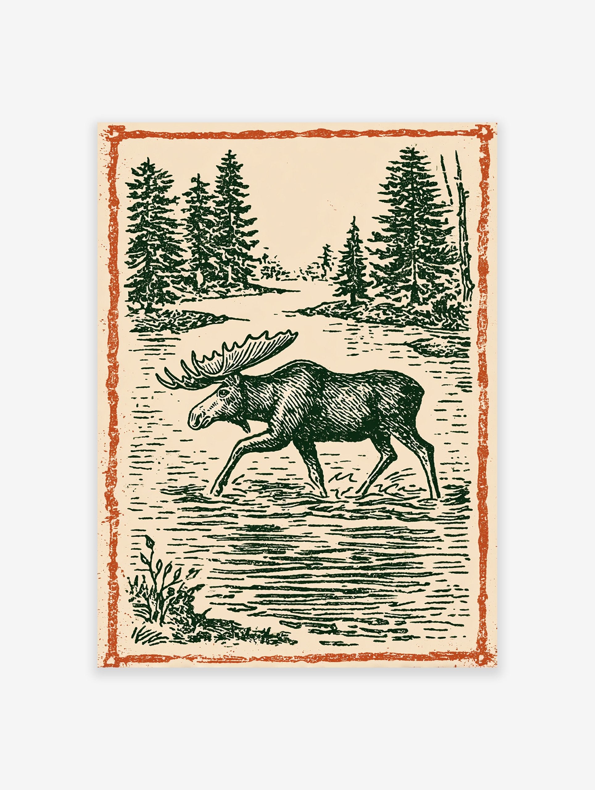 Vintage moose wall art illustration print showing a moose wading in a forest lake with pine trees and an orange border.