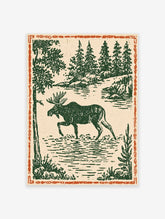 Vintage moose wall art print showing a moose walking in water in a forest scene with green trees and an orange border.