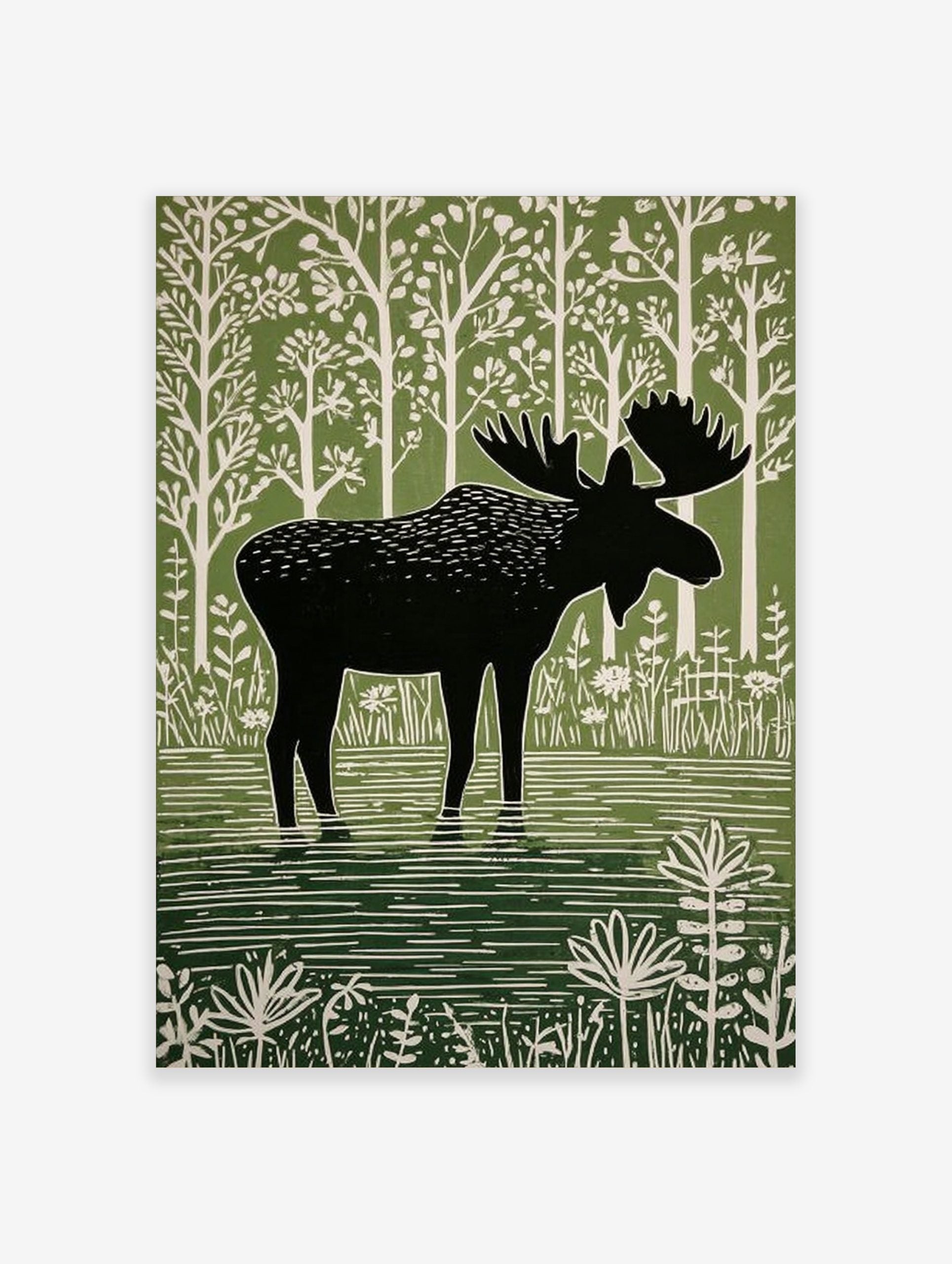Moose illustration print, black silhouette moose in green water, white stylised trees and plants