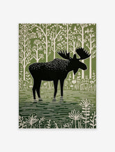 Moose illustration print, black silhouette moose in green water, white stylised trees and plants