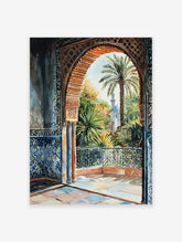 Watercolor poster of a Moroccan archway overlooking a lush garden with a palm tree and mosque dome in the distance.