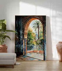 Watercolor poster of a Moroccan archway overlooking a lush garden with a palm tree and mosque dome in the distance. - Image 3
