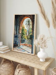 Watercolor poster of a Moroccan archway overlooking a lush garden with a palm tree and mosque dome in the distance. - Image 4