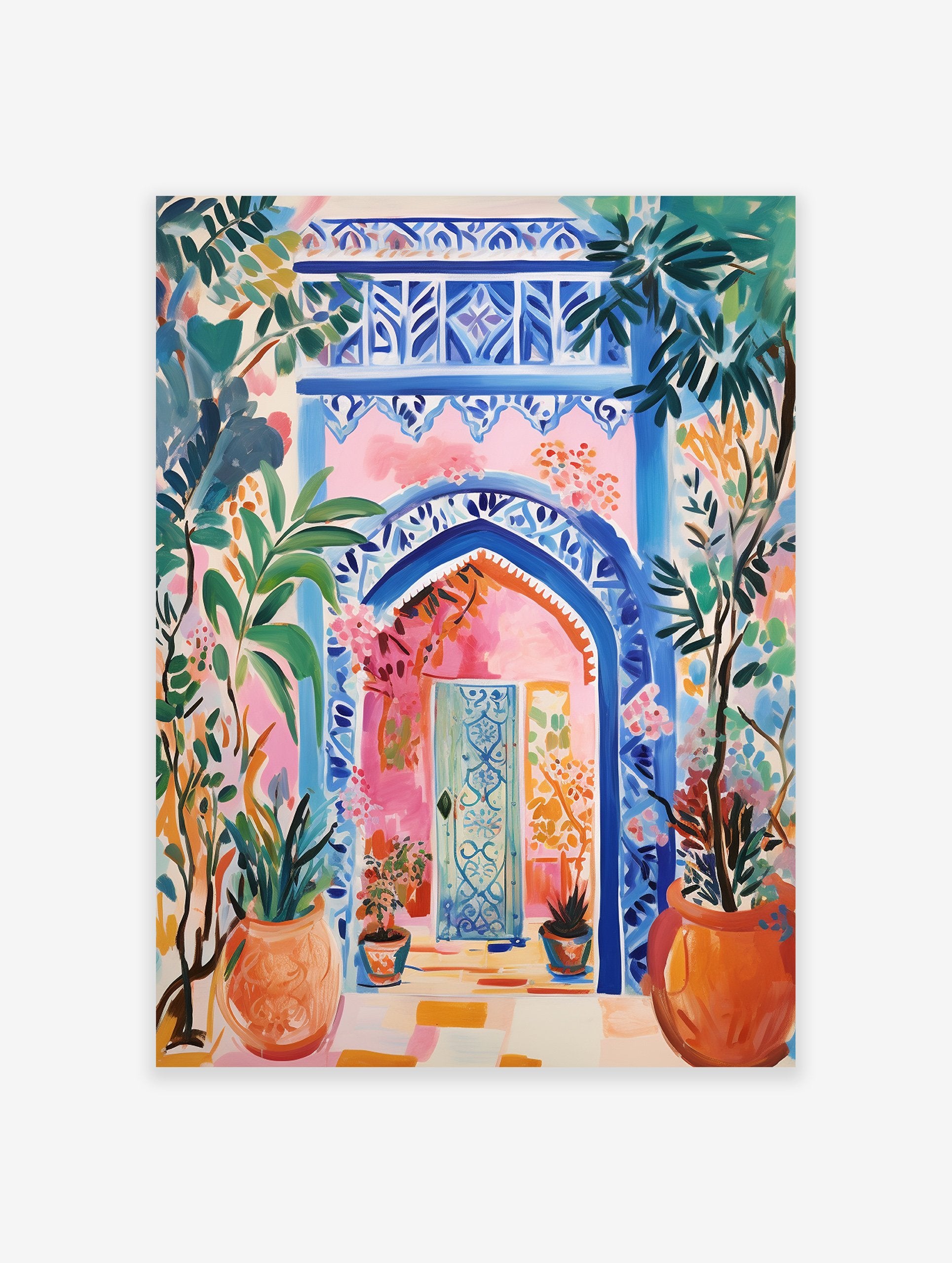 Vibrant Moroccan Archway Poster with blue intricate patterns, a pink wall, and lush green and orange potted plants.