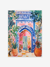Vibrant Moroccan Archway Poster with blue intricate patterns, a pink wall, and lush green and orange potted plants.