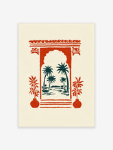 Red Moroccan archway framing teal palm trees and water, with red potted plants, illustrative style