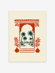 Red Moroccan archway framing teal palm trees and water, with red potted plants, illustrative style
