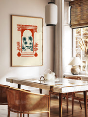 Red Moroccan archway framing teal palm trees and water, with red potted plants, illustrative style, in a styled room mockup