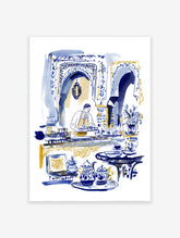 Moroccan cafe scene watercolor illustration with a server, blue and gold architecture, and traditional teaware on white background.