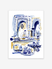 Moroccan cafe scene watercolor illustration with a server, blue and gold architecture, and traditional teaware on white background.