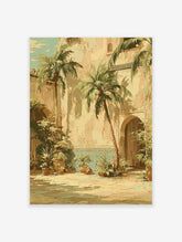 Moroccan Courtyard Wall Art featuring palm trees, archways, and blue Zellige tiles in a sunny, traditional patio scene.