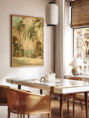 Moroccan Courtyard Wall Art featuring palm trees, archways, and blue Zellige tiles in a sunny, traditional patio scene. - Image 2