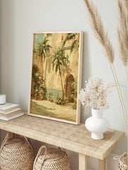 Moroccan Courtyard Wall Art featuring palm trees, archways, and blue Zellige tiles in a sunny, traditional patio scene. - Image 3