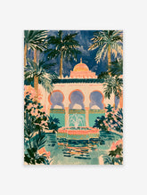 Moroccan courtyard art print with pink dome, arches, fountain and palm trees